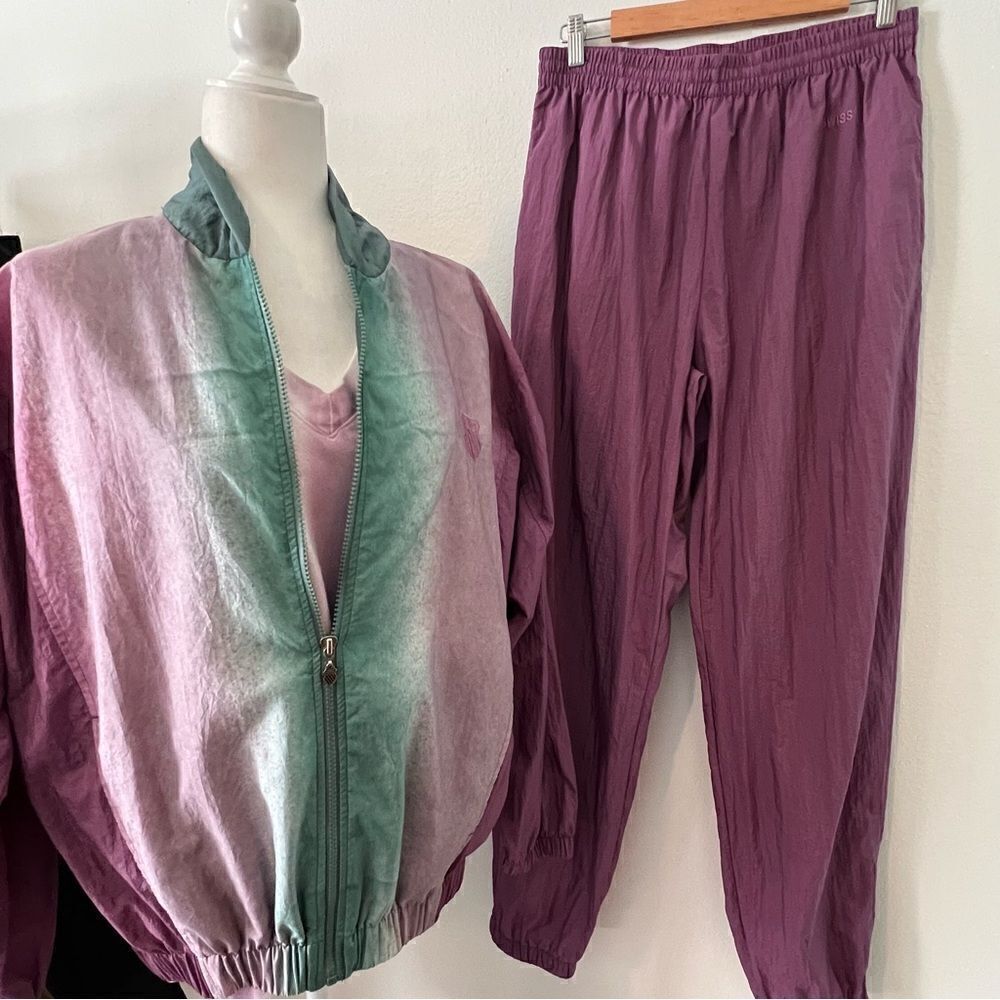 Vtg KSwiss Track Suit Women Size large Purple White Teal Y2K Jacket Pants Tshirt